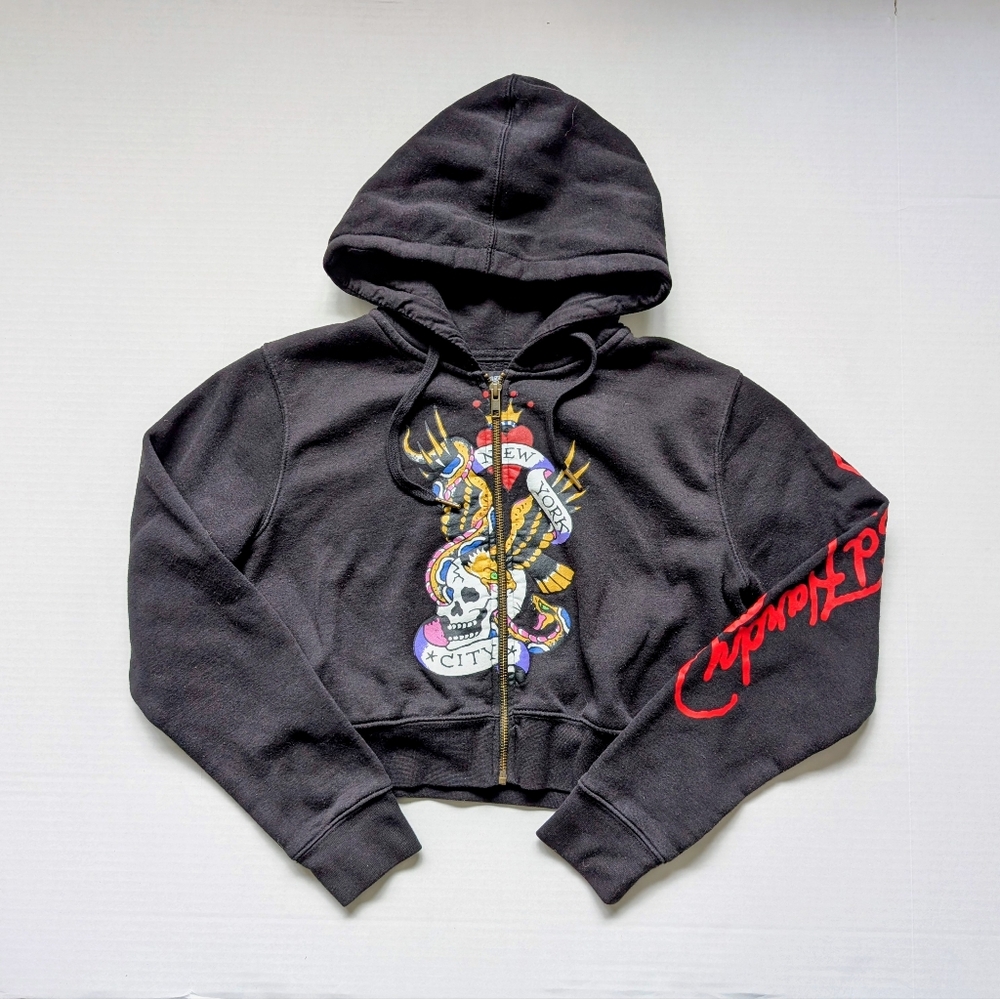 Ed Hardy Black Cropped Zip-Up Hoodie with Red Script